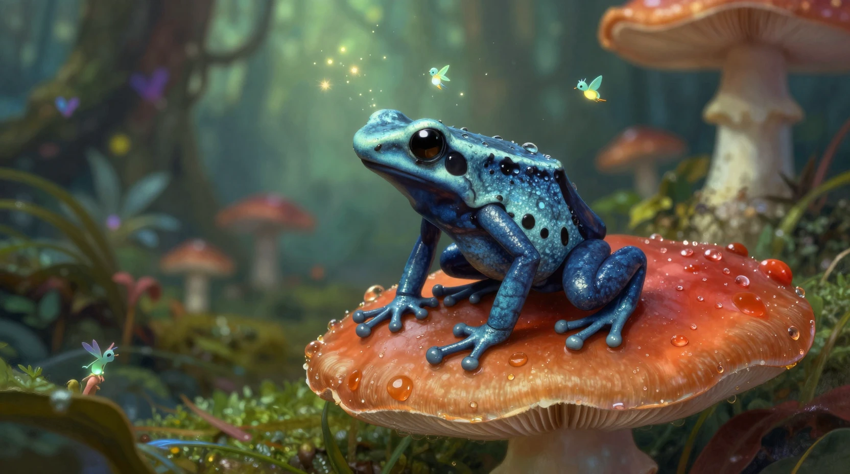 Poison dart frog on a dew covered mushroom in forest