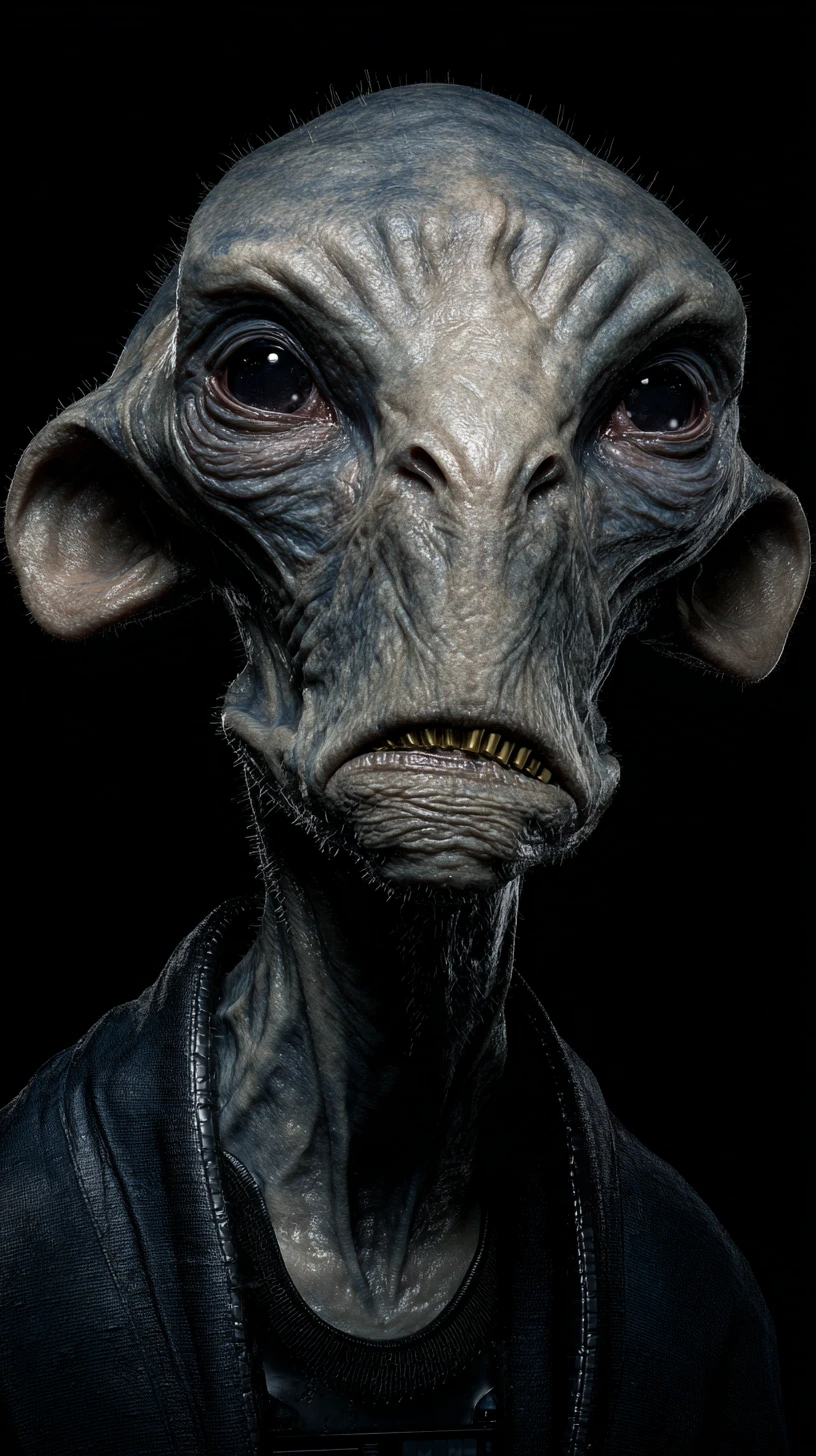 Sinister humanoid creature in glossy black tech outfit portrait