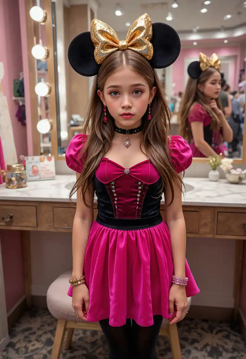 Tween boy styled as a cute girl in pink costume