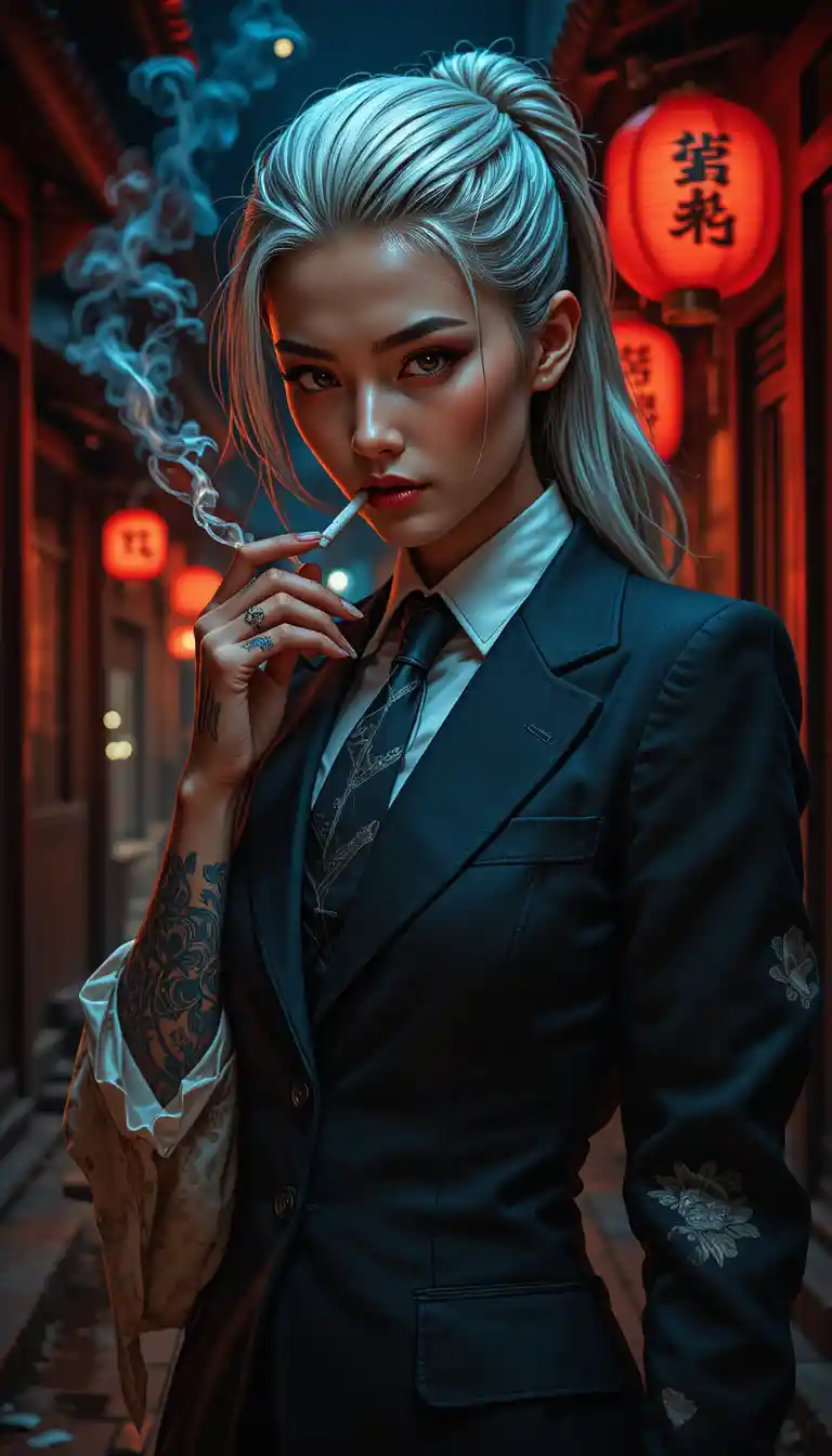 Femme patronne japonaise fumant dans une ruelle aux lanternes rouges