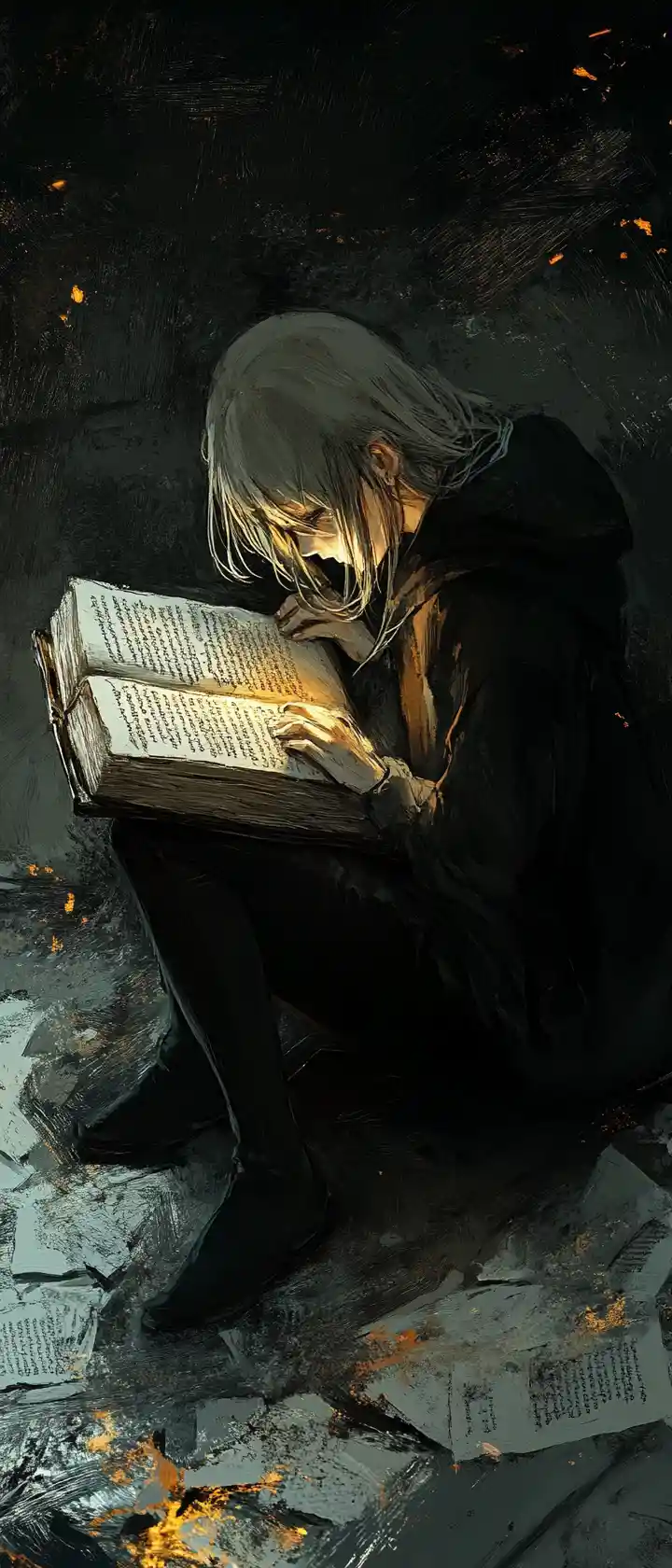 Anime figure with worn leather book in chiaroscuro