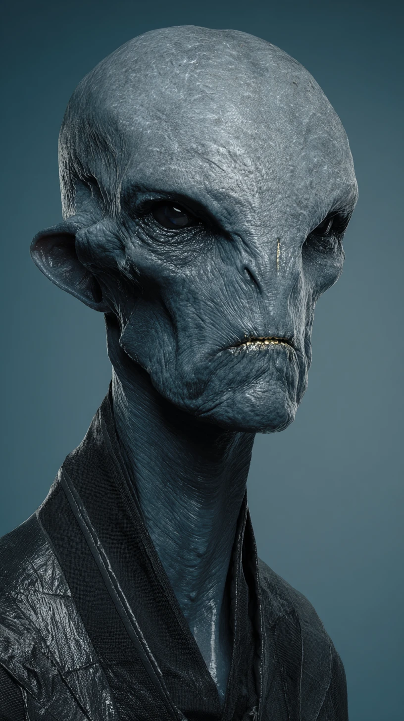 Sinister humanoid creature in black latex against blue backdrop