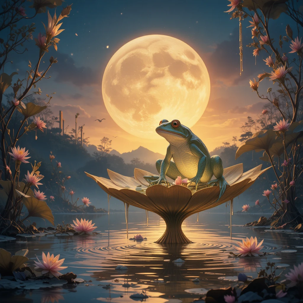 Ethereal moonlit swamp with glowing frog on lily pad