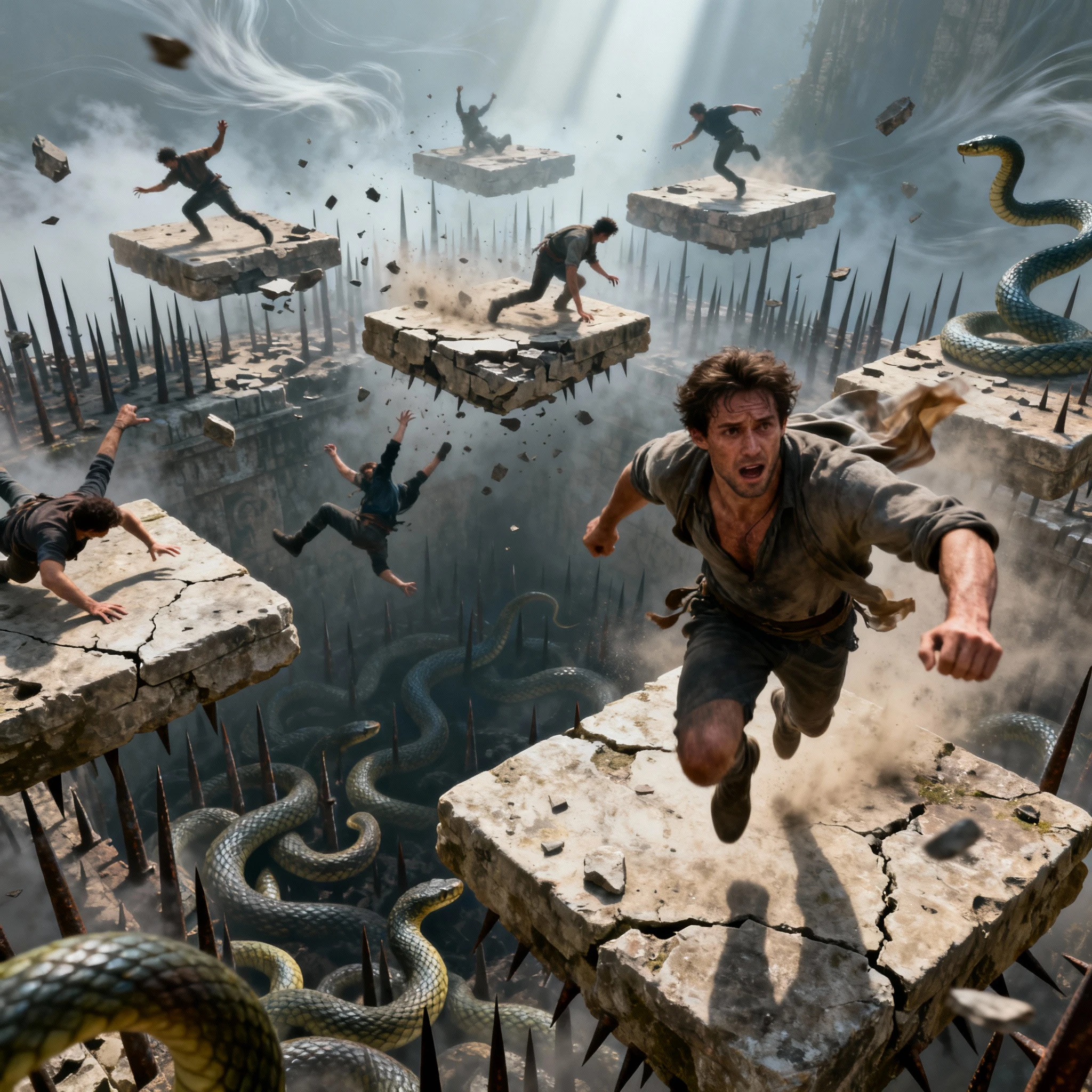 Terrified man leaping between crumbling floating stone platforms
