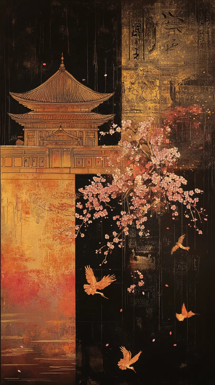 Japanische Tempellandschaft mit Kranichen und Kirschblüten