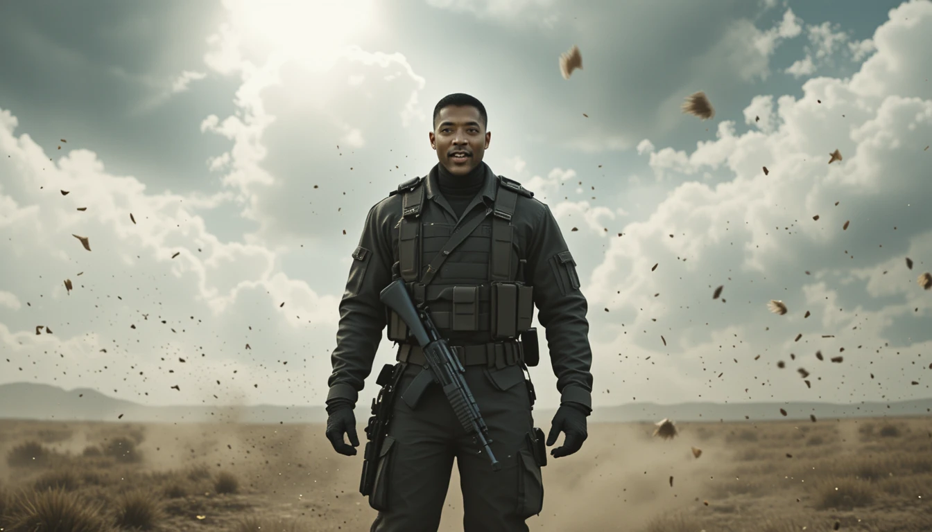 Black sergeant facing the wind on a desolate battlefield
