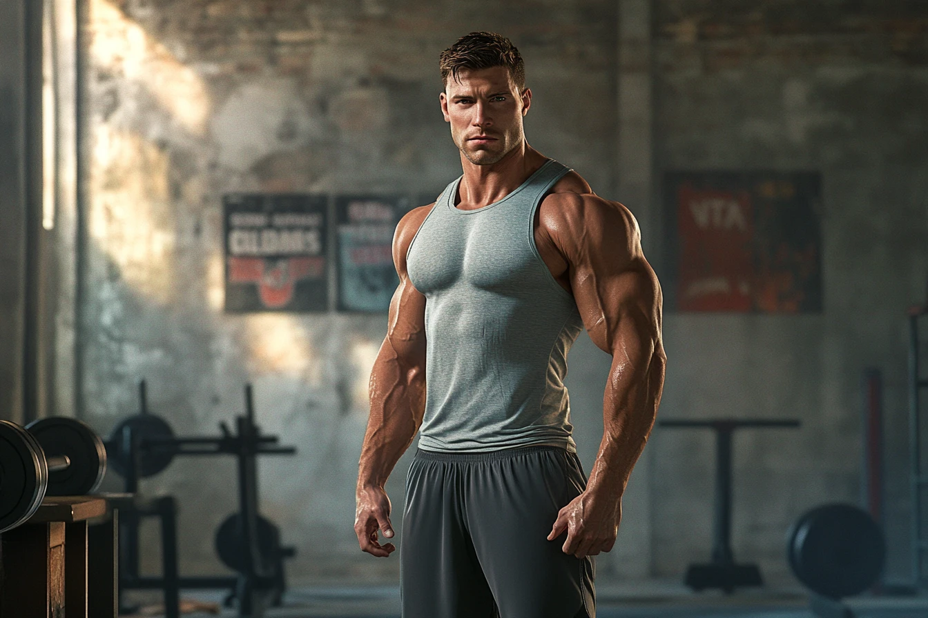Muscular bodybuilder standing in an old school gym interior