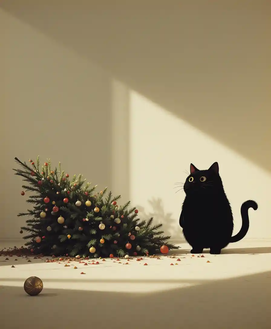 倒れたクリスマスツリーと驚いた猫のミニマルなシーン