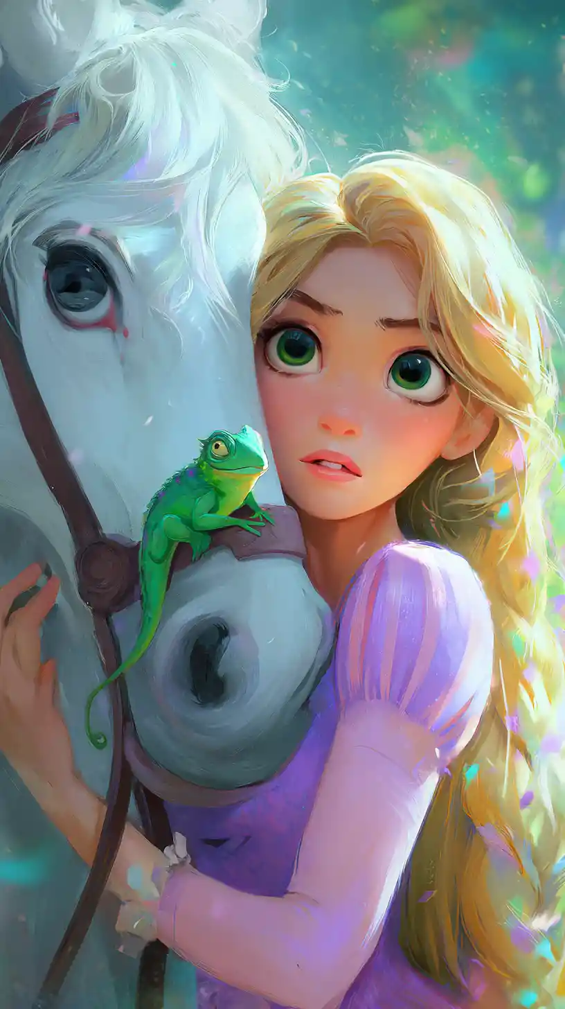 Fantasy girl with chameleon and horse in magical world