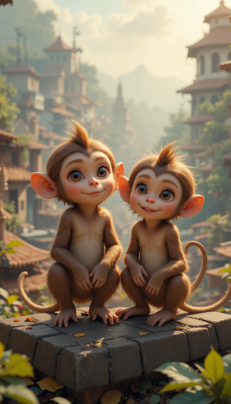 Two playful monkey siblings exploring rooftops in the city