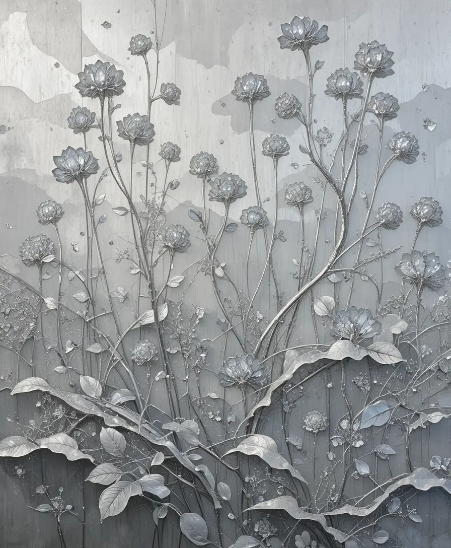 Abstract silver botanical landscape with geometric pattern