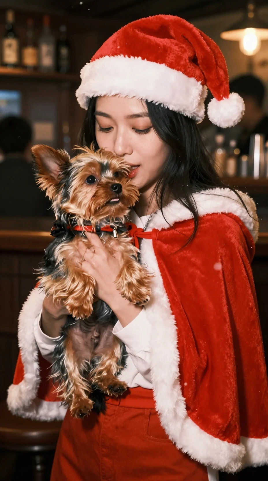 Yorkshire Terrier Puppy Playing With Woman In Santa Outfit