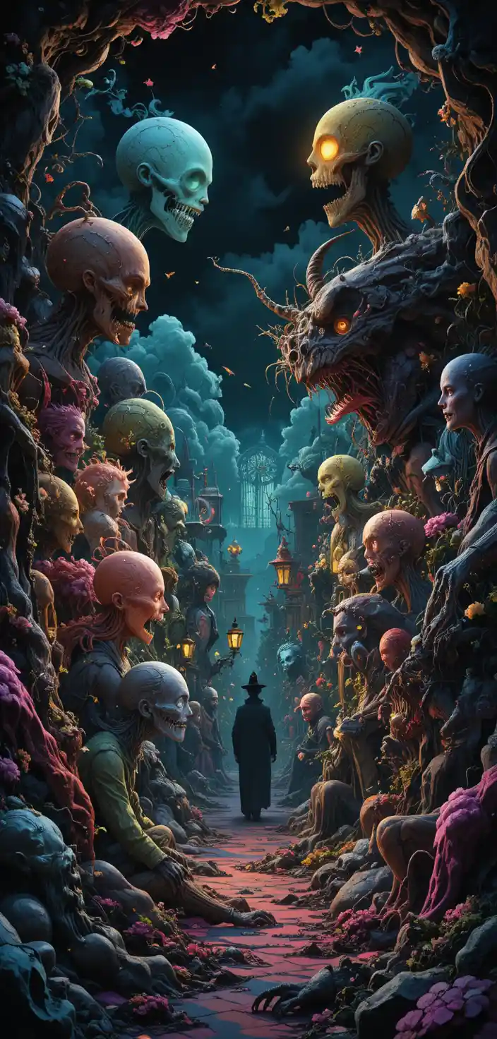 Playful fantasy creatures on a colorful retro city street