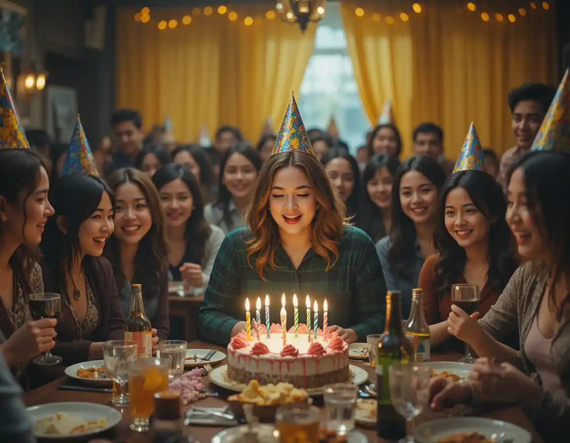 Friends celebrate a birthday as woman blows out cake candles