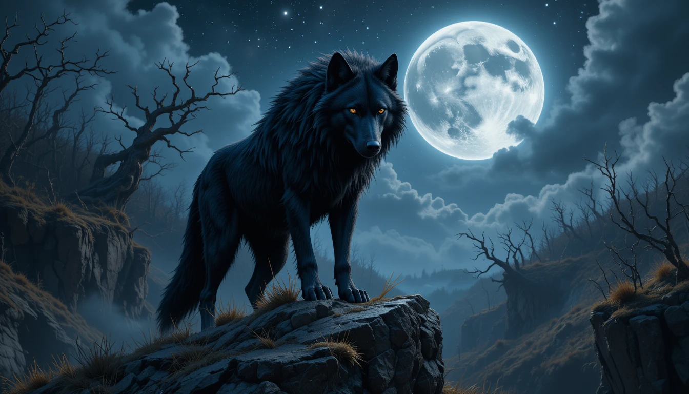 Loup noir majestueux sur une corniche rocheuse au clair de lune
