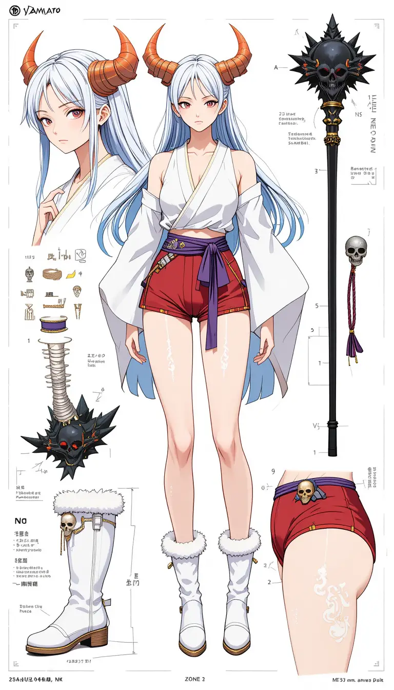 Anime warrior woman character sheet with detailed weapon studies