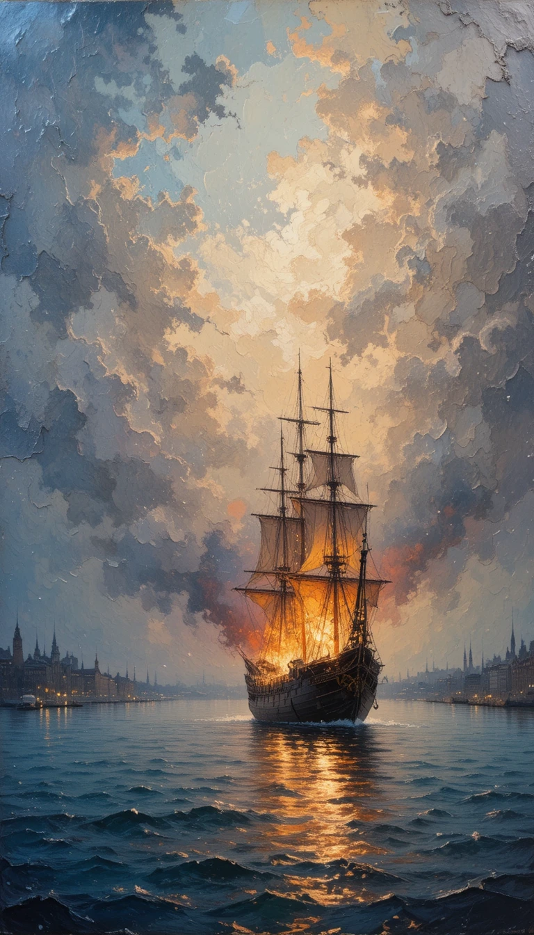 Fiery ship on dark water beneath glowing city lights