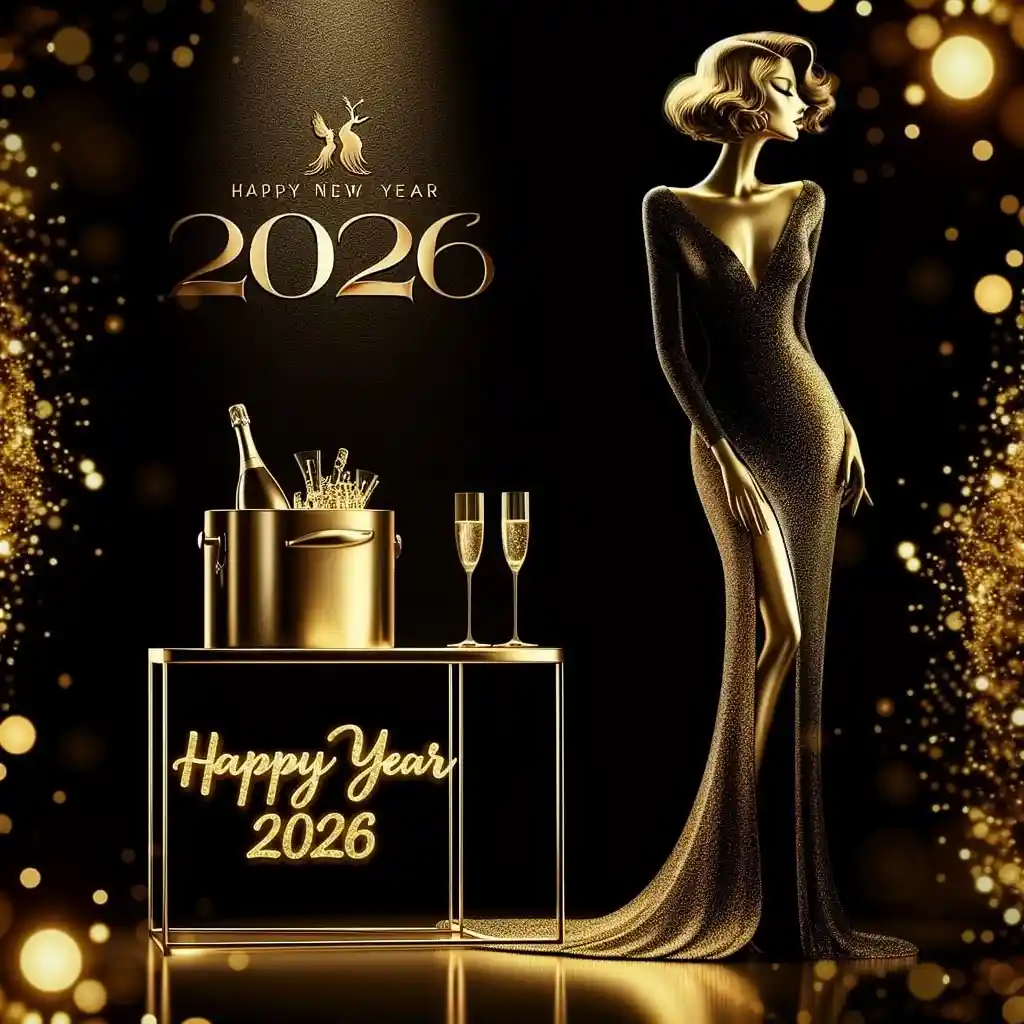 Elegant woman with champagne in a gold new year scene