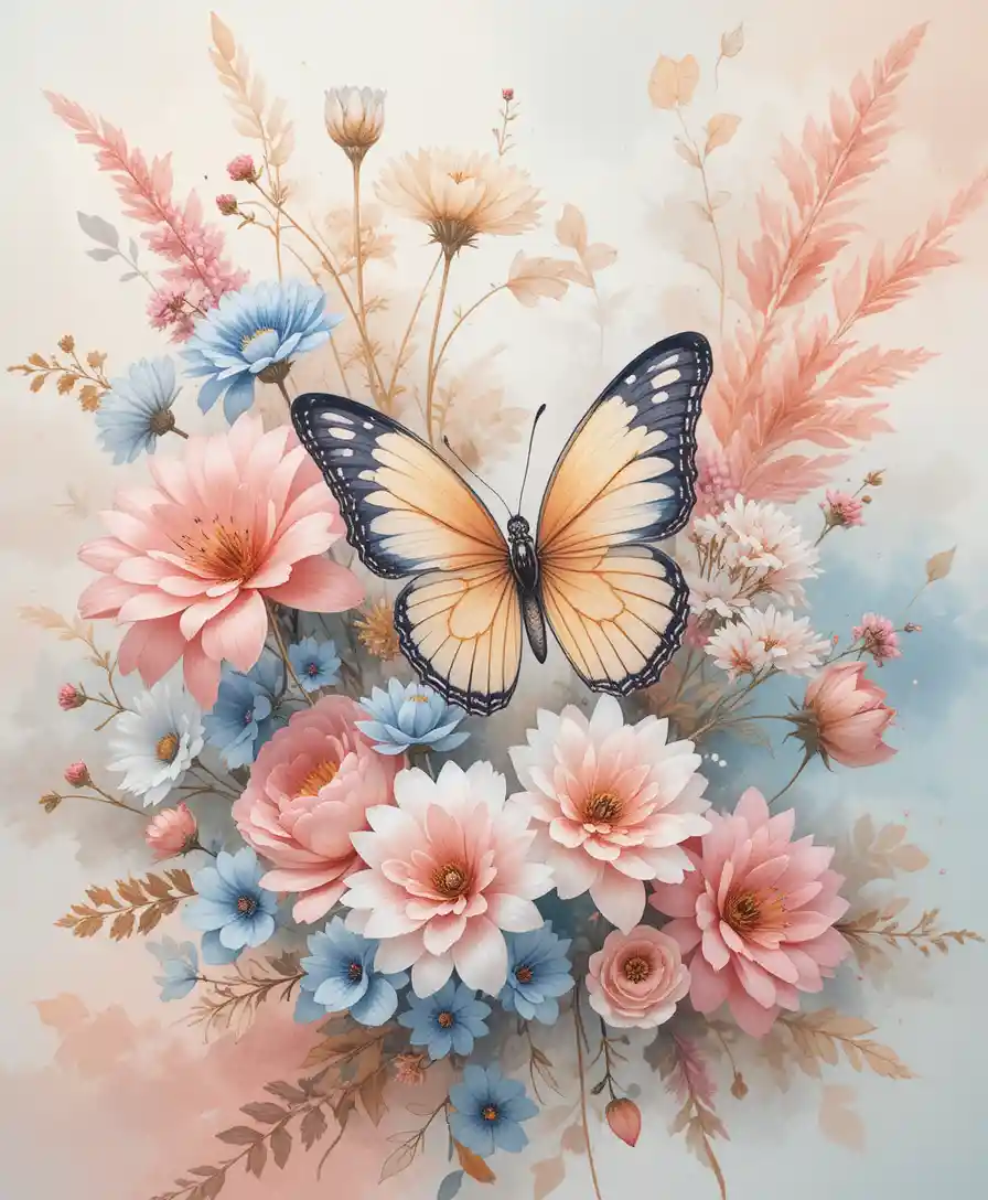 Suave ramo en acuarela con mariposas y follaje dorado