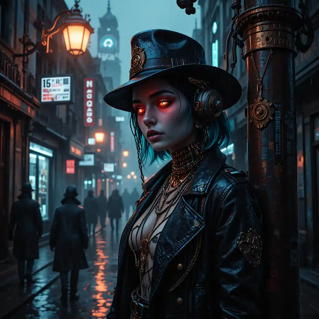 Cybernetic femme fatale poster on a foggy city lamppost