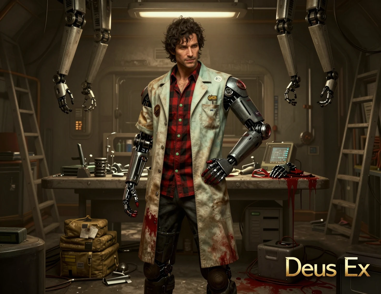 Médecin augmenté dans un laboratoire de chirurgie cyberpunk souterrain et sombre