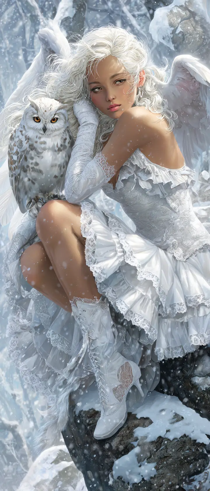 White haired owl girl in winter forest snowfall