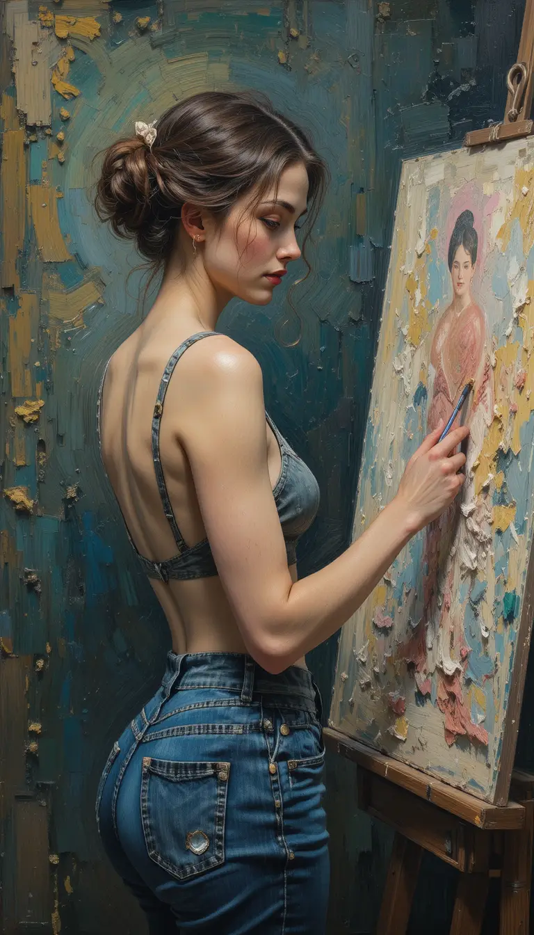 鮮やかな油絵のポートレートを描くエレガントな女性アーティスト