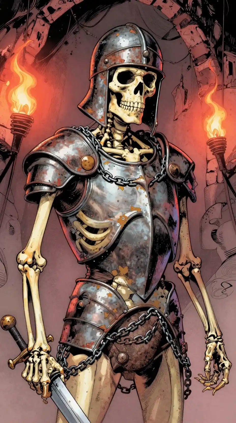 Skeleton warrior close up in a torchlit dungeon corridor