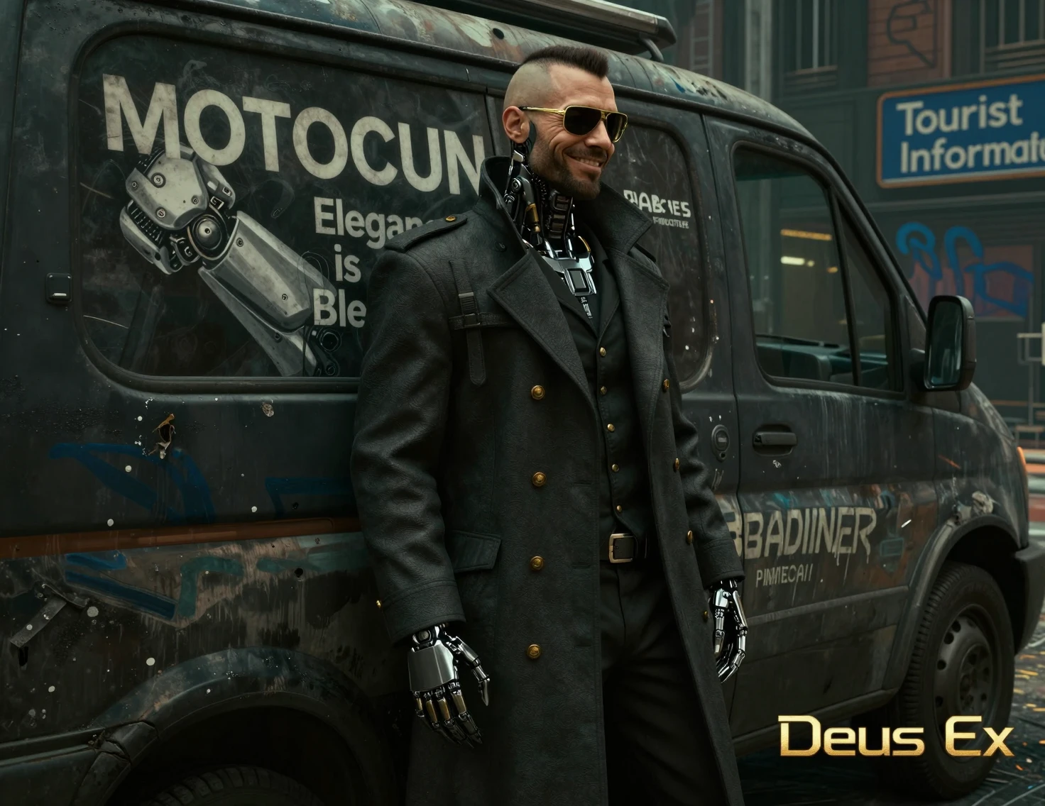 Detective potenziato appoggiato a un furgone in una strada di città cyberpunk