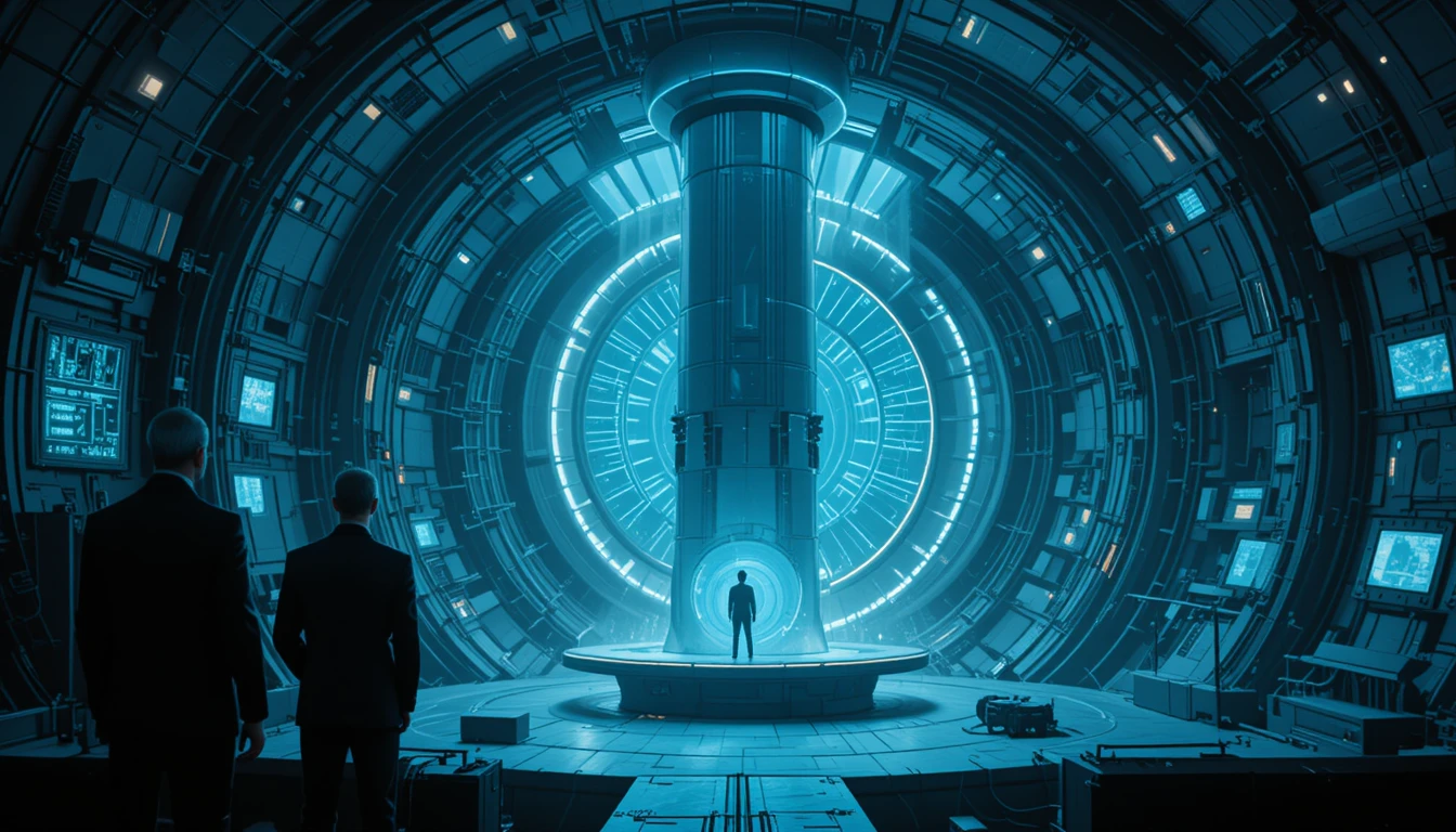 High tech military lab with man inside glowing chamber