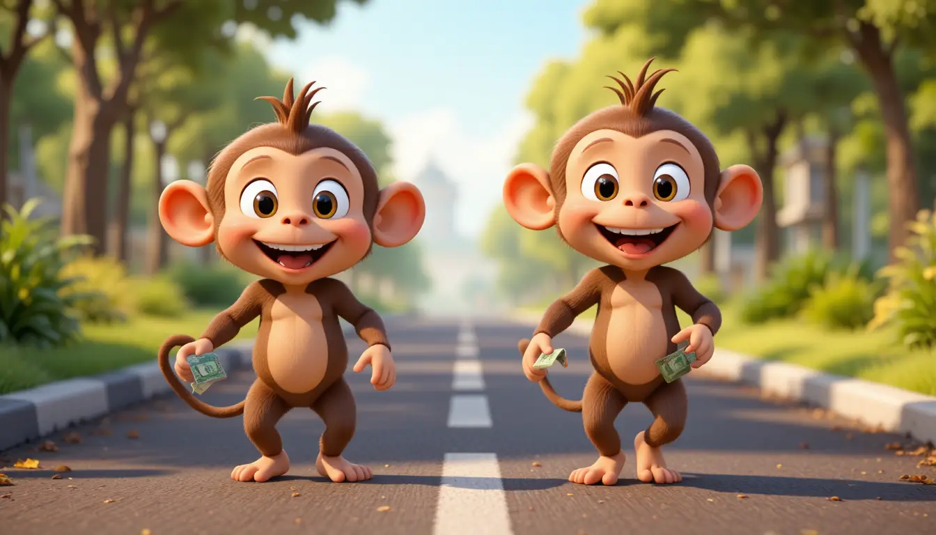Cheerful Cartoon Monkey Walking Happily Down A Colorful Road