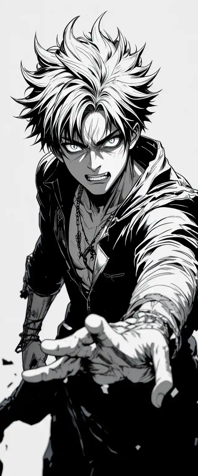 Wütender Anime-Junge in dramatischer Schwarz-Weiß-Manga-Pose