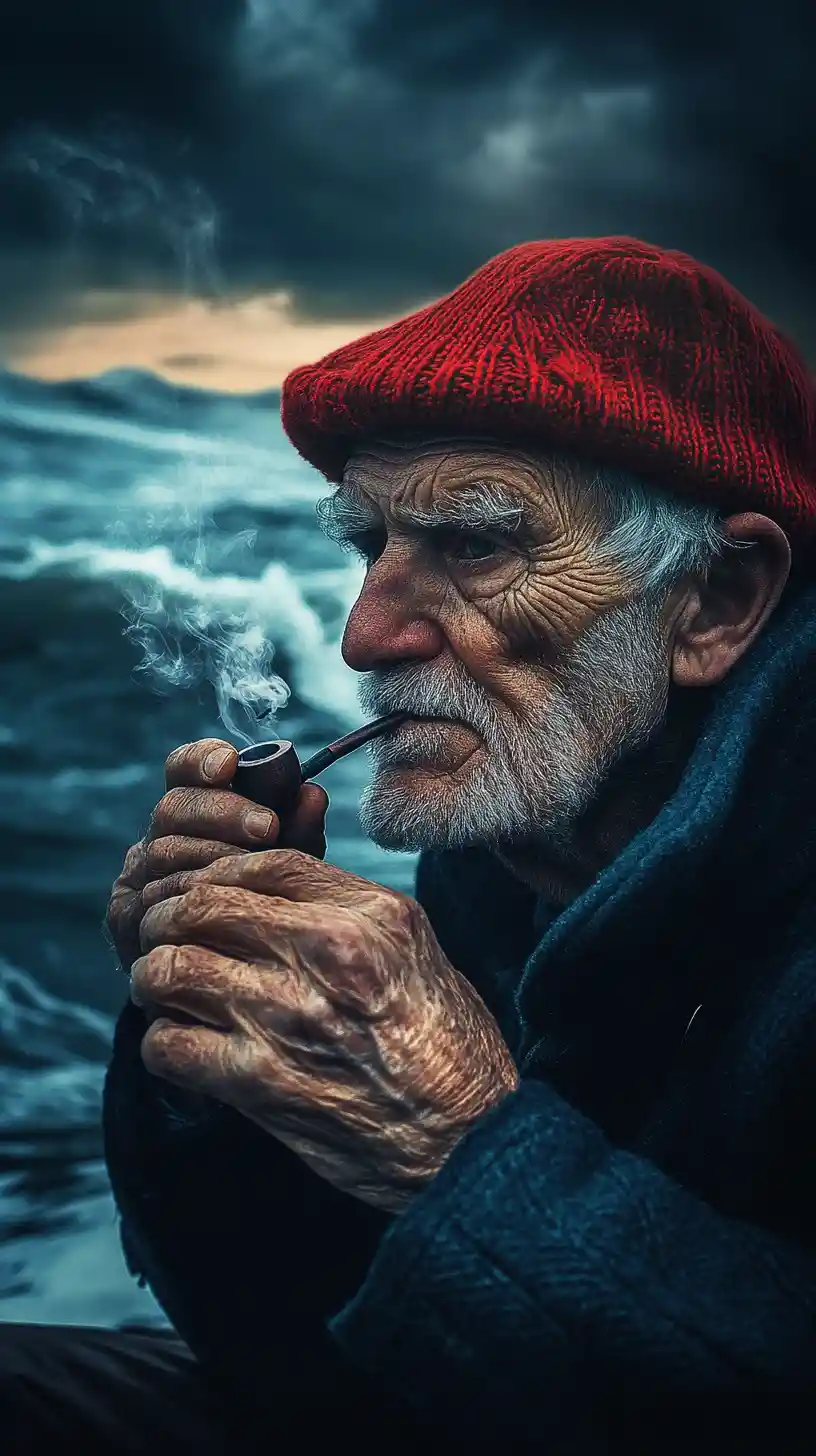 Elderly fisherman smoking by the stormy sea at dawn