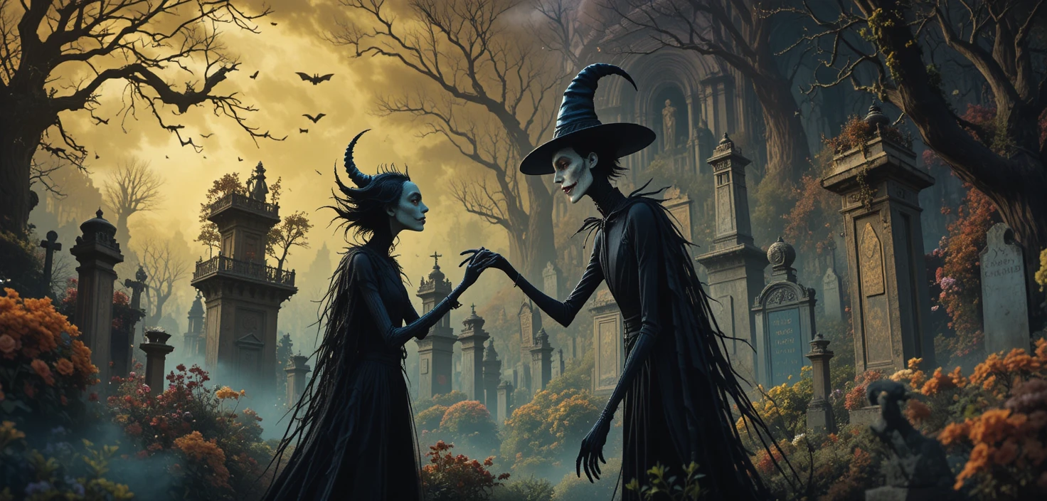 Criaturas fantasiosas em um cemitério gráfico colorido