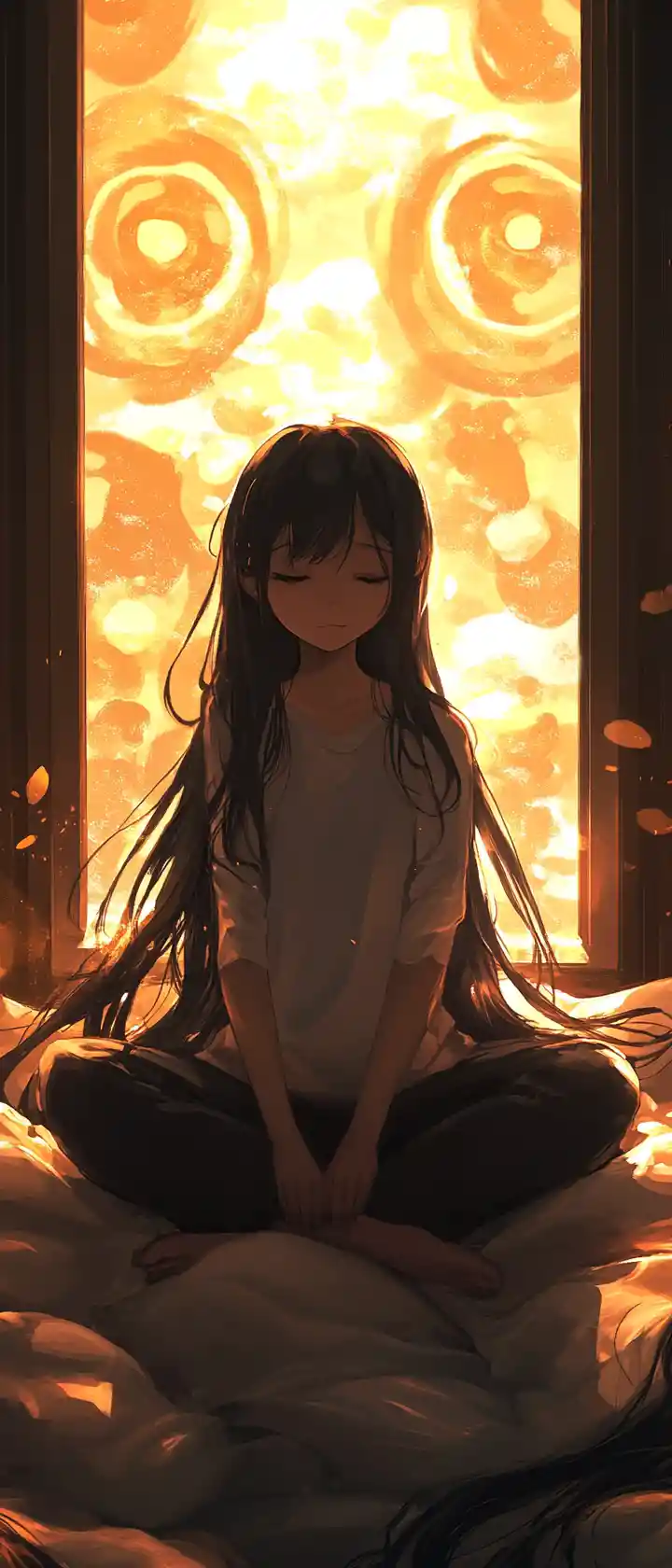 Anime girl resting on blankets in warm window light