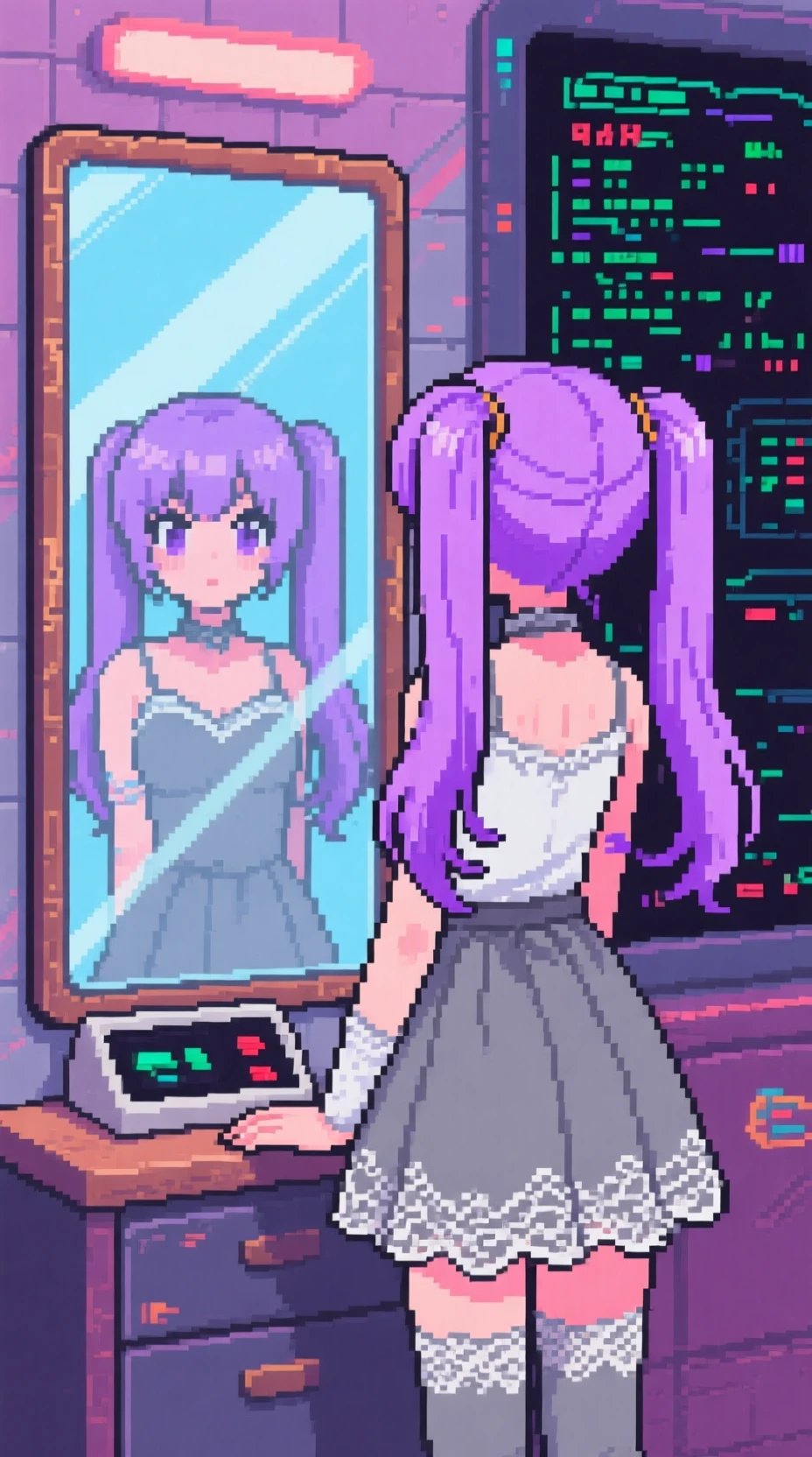 Ragazza anime con codini lilla in scena di videogioco retrò in pixel art