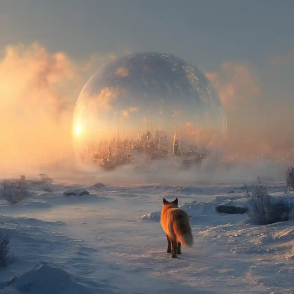 Volpe automatica cyberpunk che attraversa una città futuristica innevata