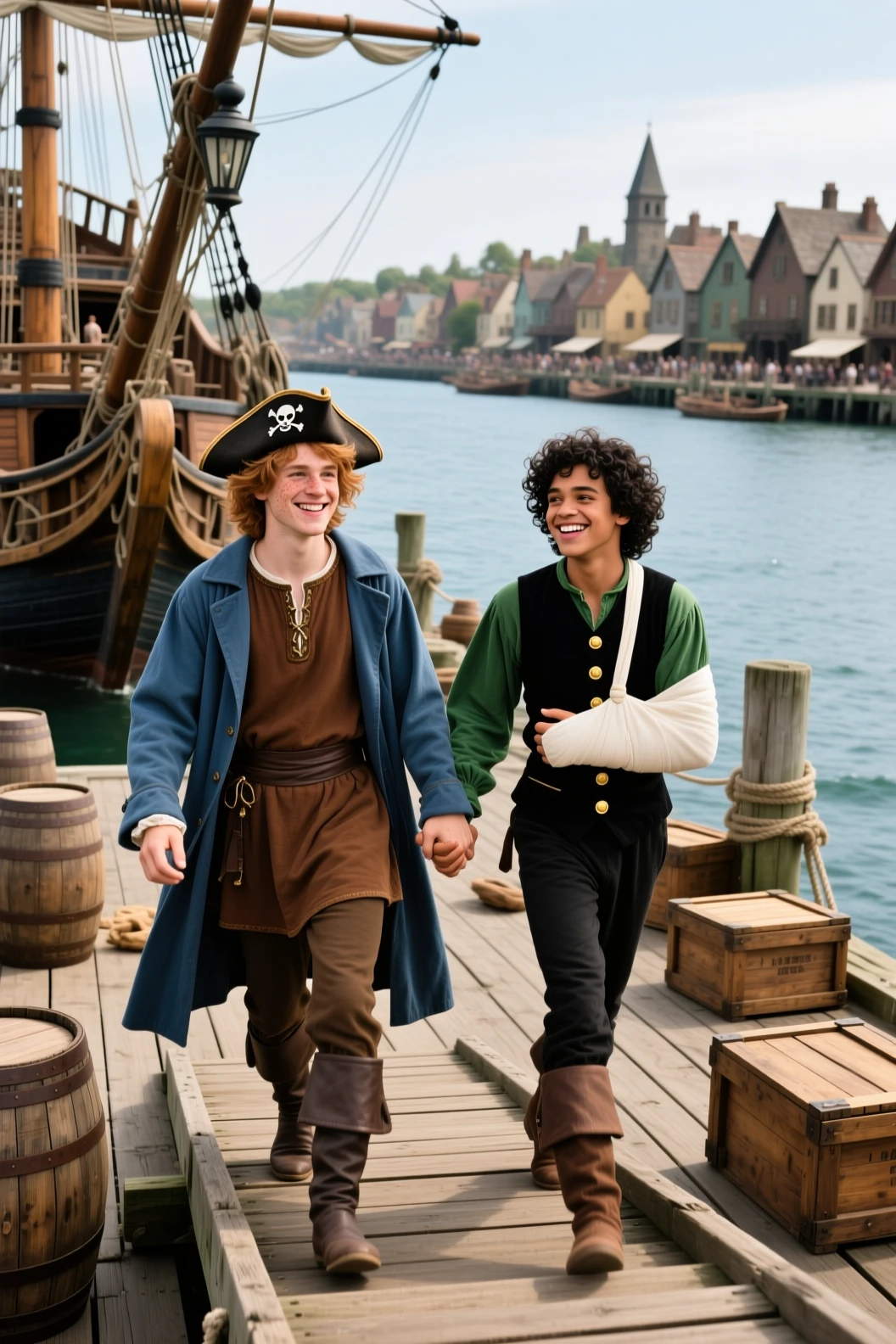 Two young men walking from a pirate ship to dock