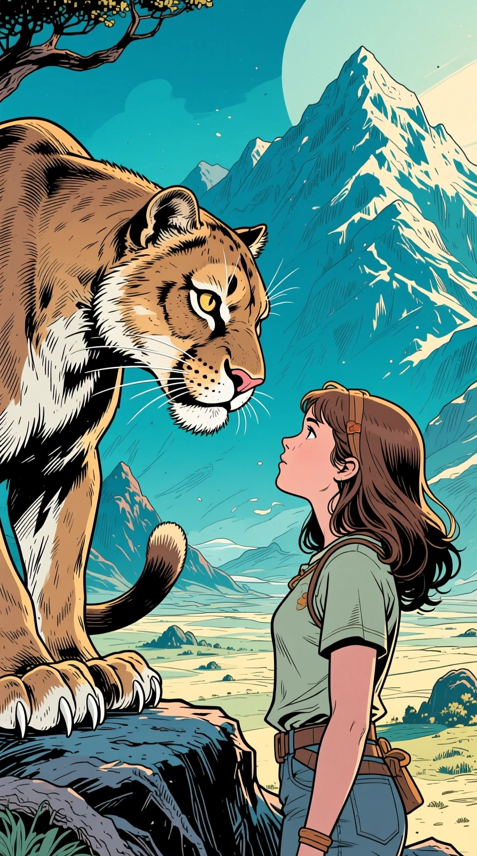 Mountain lion watching a girl in a vast fantasy landscape