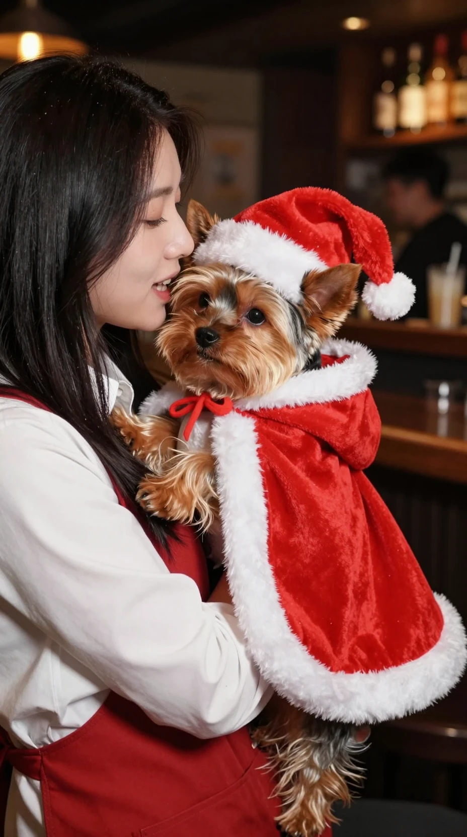 Yorkshire Terrier puppy nibbling woman in festive bar