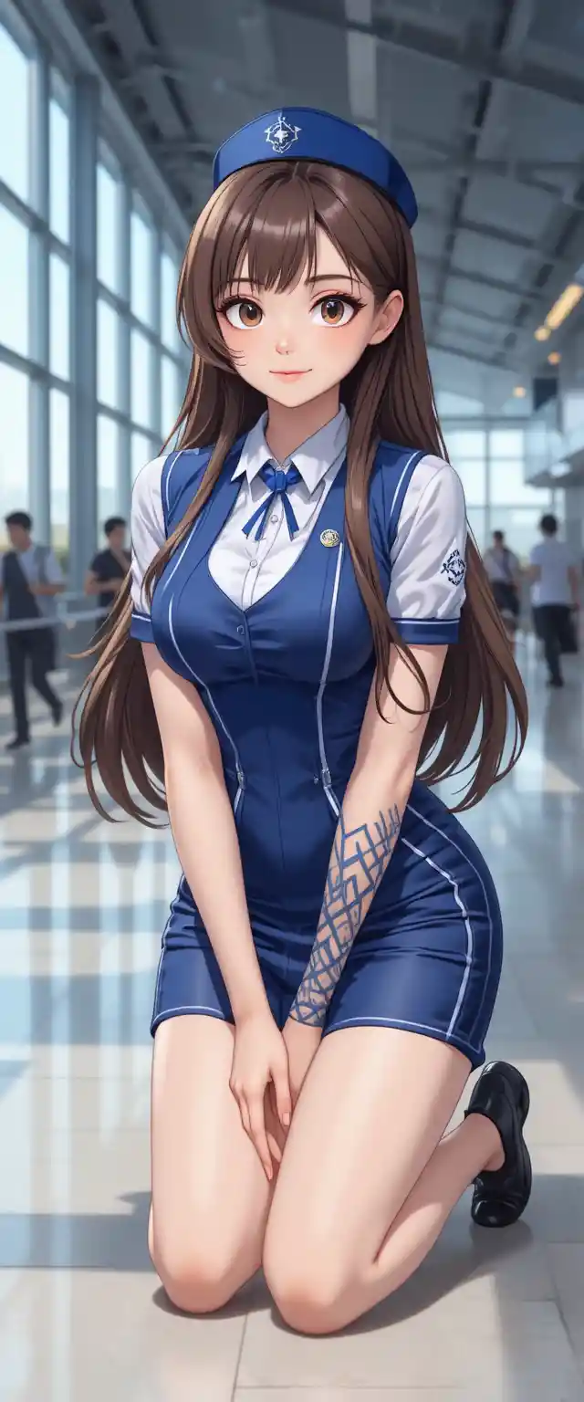 Cute anime flight attendant girl in modern airport