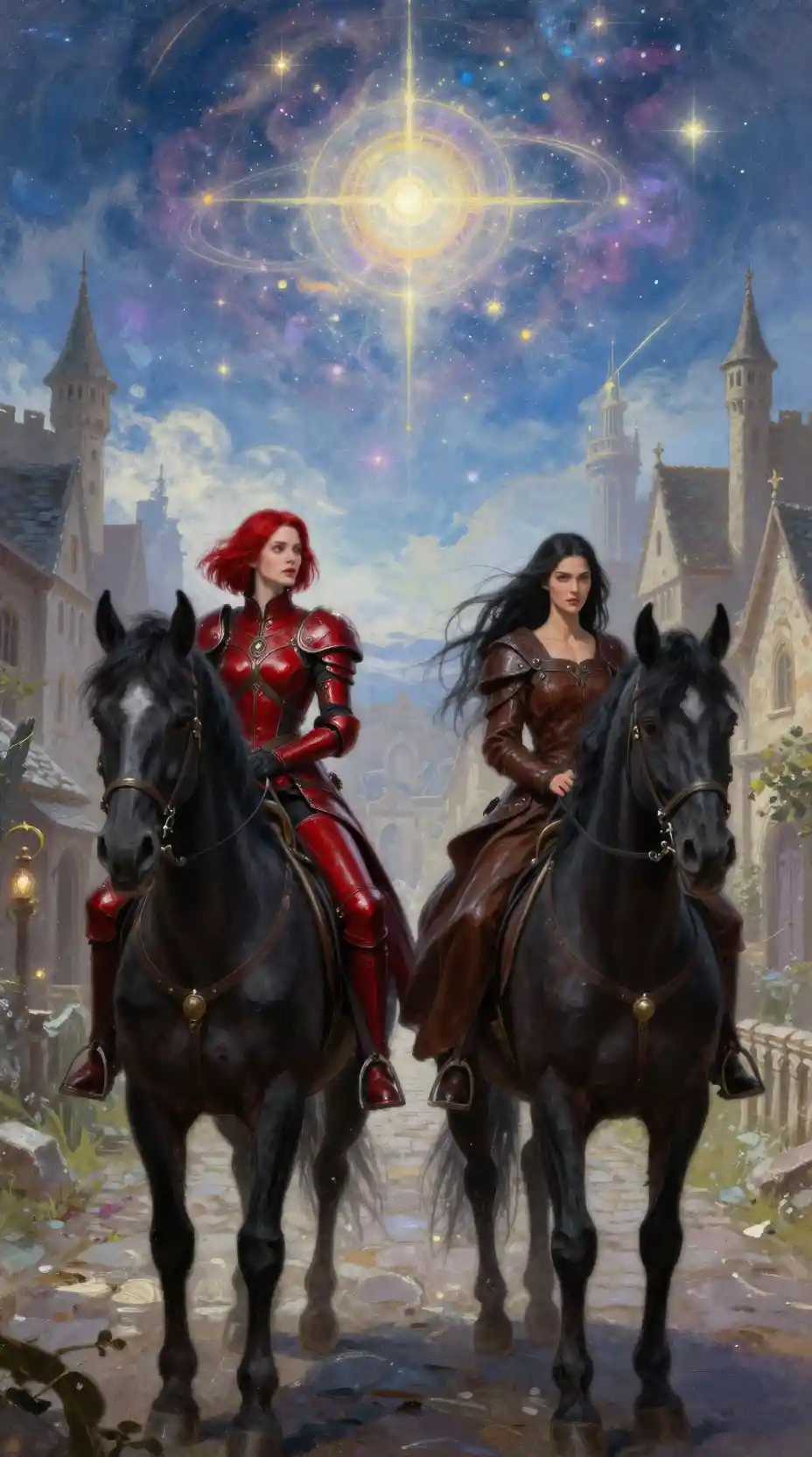 Two warrior women riding black horses into a medieval village