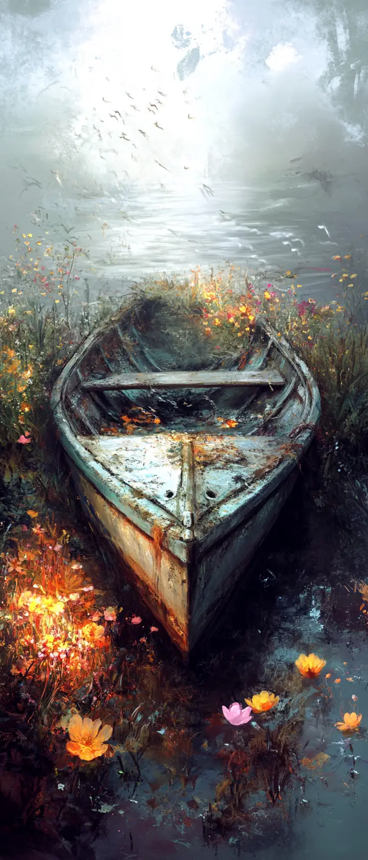 Abandoned boat surrounded by glowing spring flowers in fog
