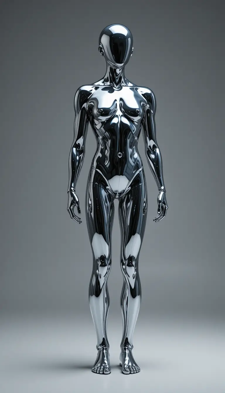 Liquid mercury humanoid figure in a dark minimal space