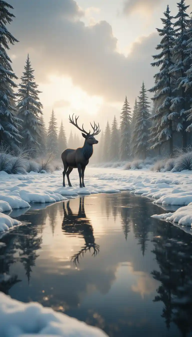 Majestic stag in a snow covered forest clearing at dusk