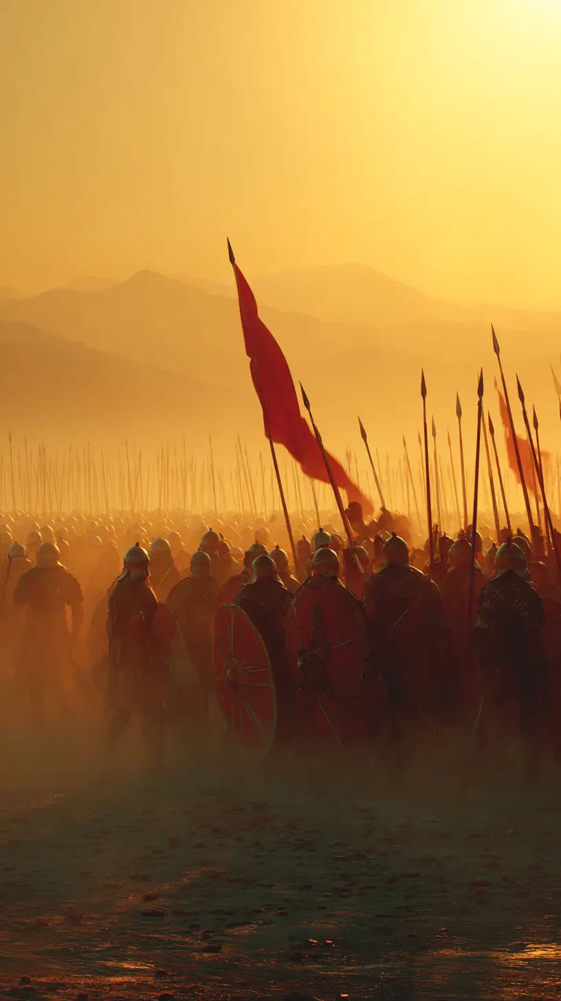 Numidian soldiers forming a shield wall at sunrise
