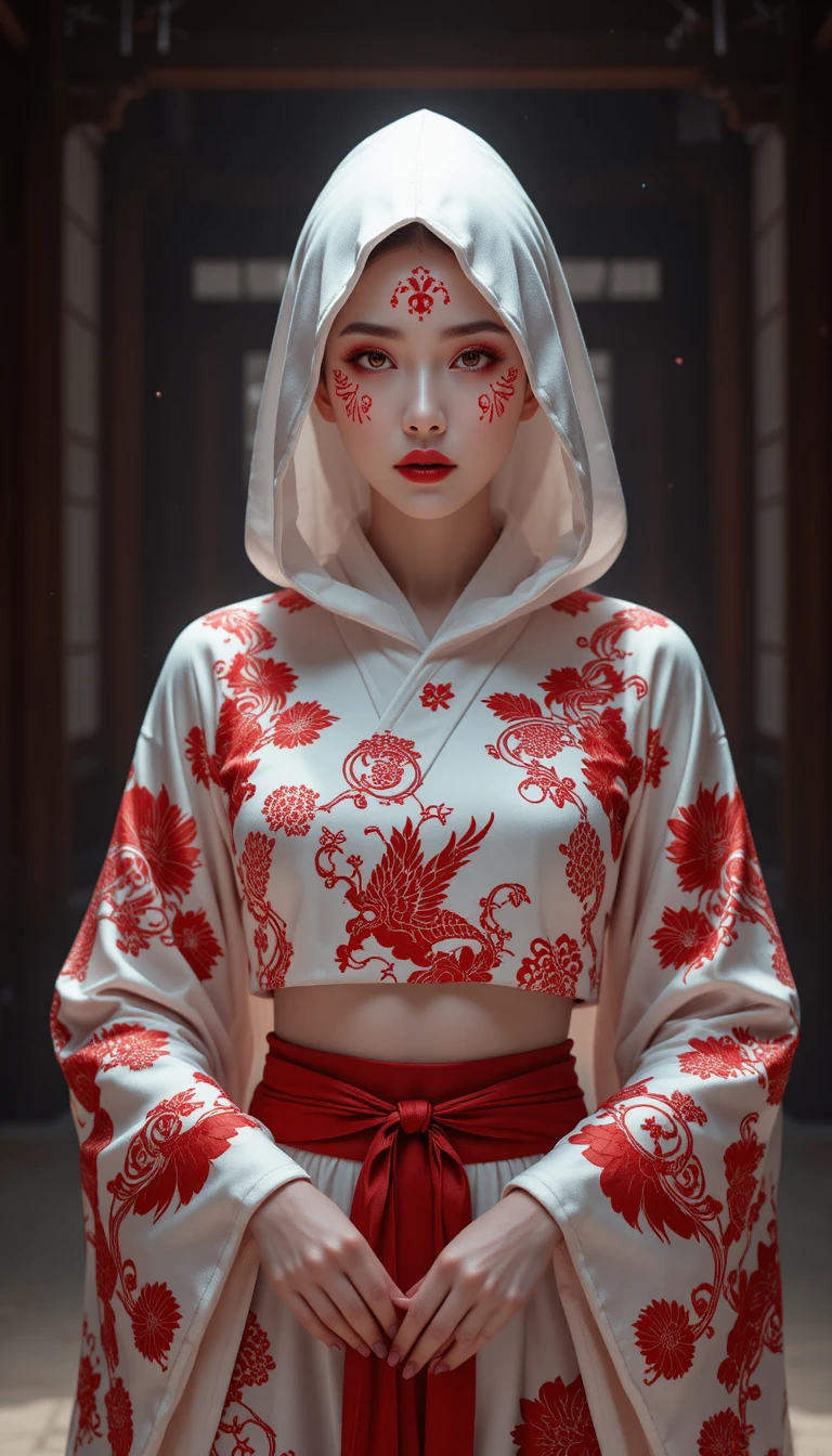 Mujer misteriosa con atuendo ritual de kimono de seda rojo y blanco