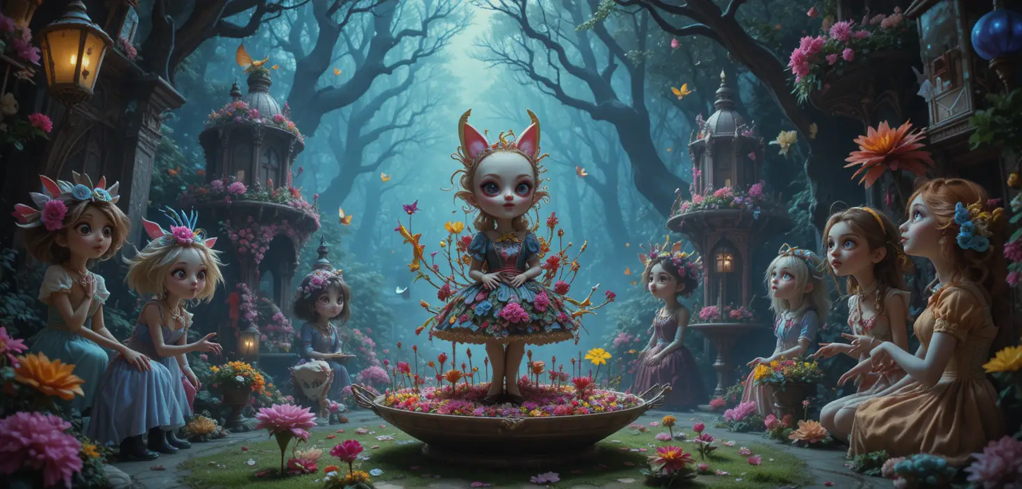 Whimsical 80s fantasy characters in a vibrant wonderland