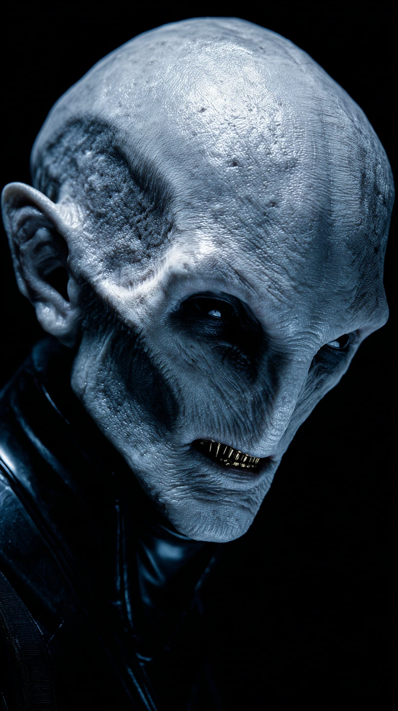 Creepy humanoid creature in latex suit studio portrait