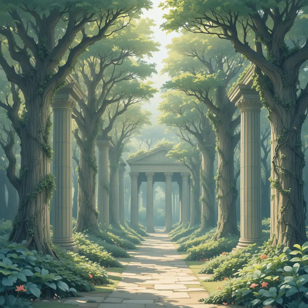 Bosque Encantado de Columnas de Mármol y Suave Luz del Bosque